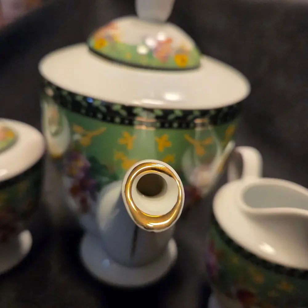 Royal Scotland Pink Rose on Green background Tea Set